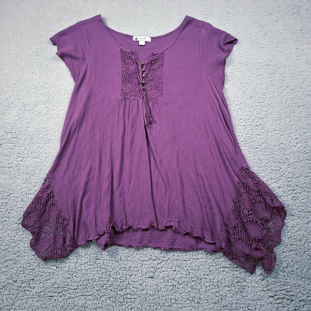 World Unity Size 2X Tunic Top Purple Fairy Boho Stretch Handkerchief Hem Crochet